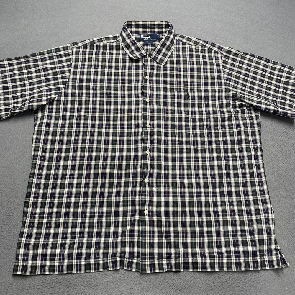 VTG Polo Ralph Lauren Shirt Mens XL Blue Plaid Adams Short Sleeve Pony Logo 90s